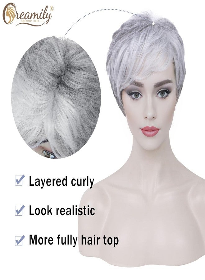 Creamily Short Grey Pixie Cut Wigs with White Bangs Gray Pixie Layered Synthetic Hair Replacement Wig for Women Daily Wear Cosplay Halloween Costume Wigs - Image 5
